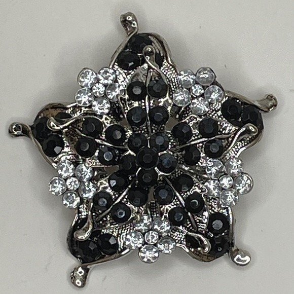 Fashion Jewelry Snowflake shaped Silver Tone Brooch with Black/Clear Cabochons - Picture 1 of 11